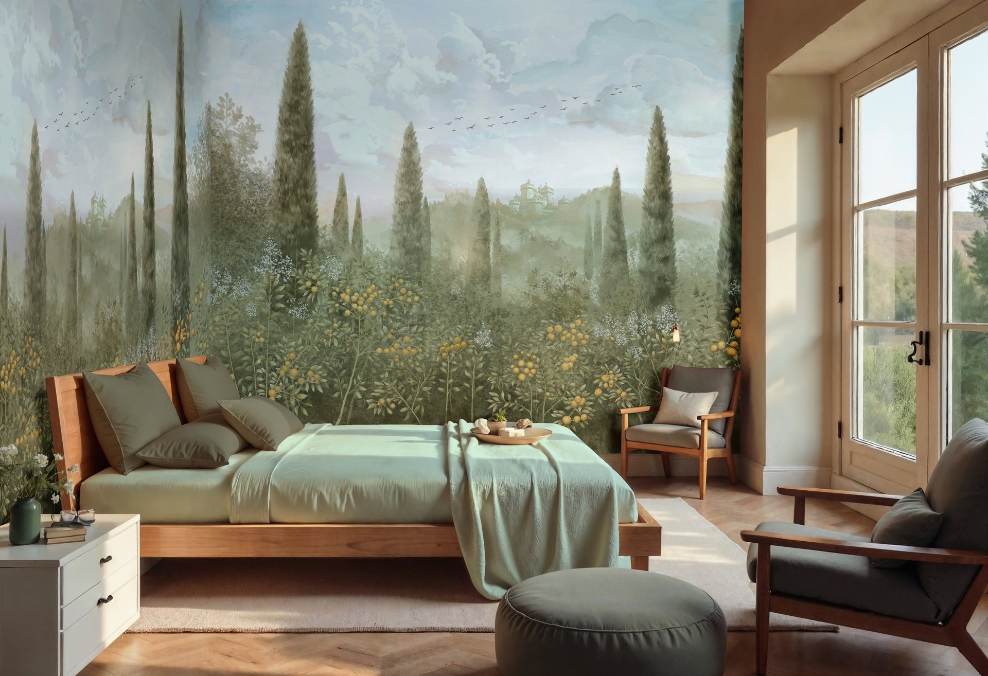 Bedroom wallpapers by tetsip media, with blue sky. Mediterranean citrus orchard