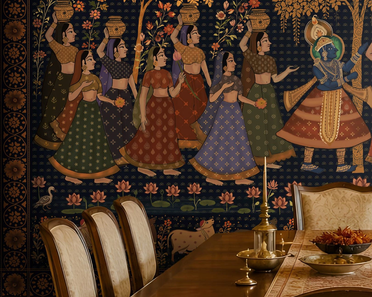 1418_DA_Nikunj Leela – Midnight Blue Heritage Wall Mural