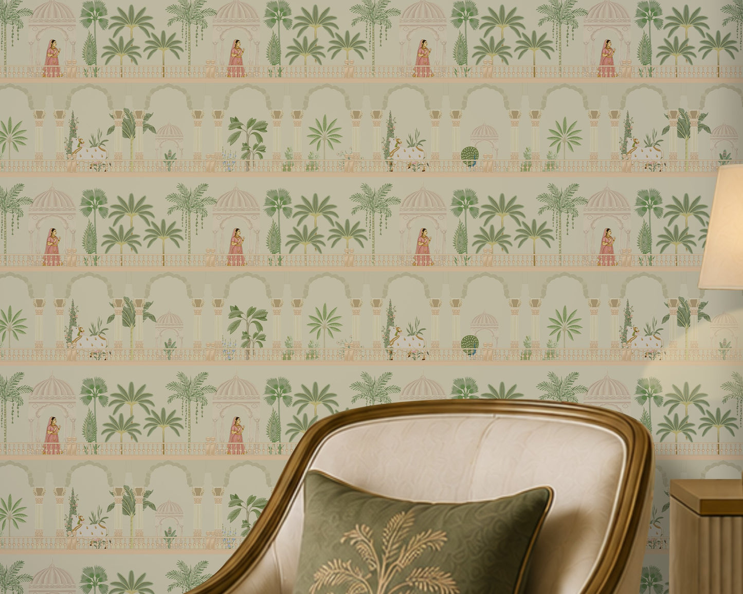 1447_DA_Royal Courtyard Reverie Wallpaper, Soft botanical green, Wallpaper