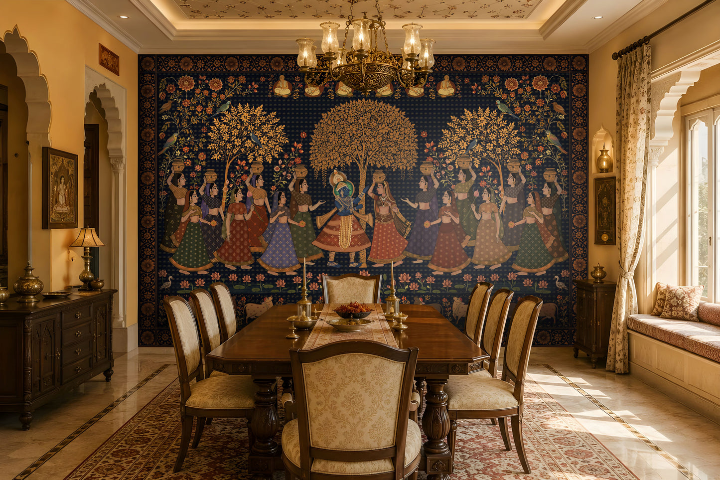 A spacious dining room showcases a dramatic wall-sized mural inspired by traditional Indian miniature paintings. At the center, Radha and Krishna stand beneath a golden flowering tree, surrounded by women in vibrant lehengas carrying decorative pots, with birds, floral vines, lotus flowers, and ornate borders enriching the composition. A long wooden dining table with upholstered chairs sits in the foreground, illuminated by an elegant chandelier. Warm beige walls, carved archways, polished ma