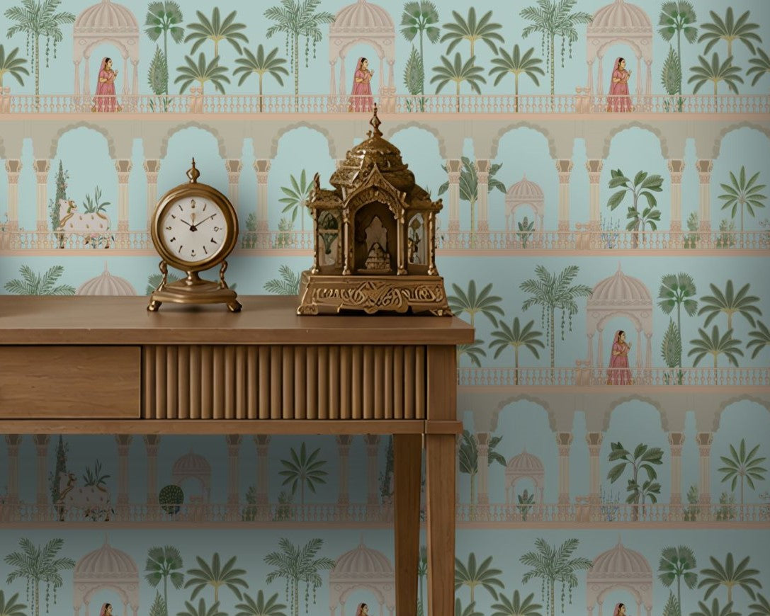 1443_DA_Royal Courtyard Reverie Wallpaper, Palace sky blue, Wallpaper