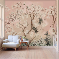 Pink chinoiserie mural in a cosy living room