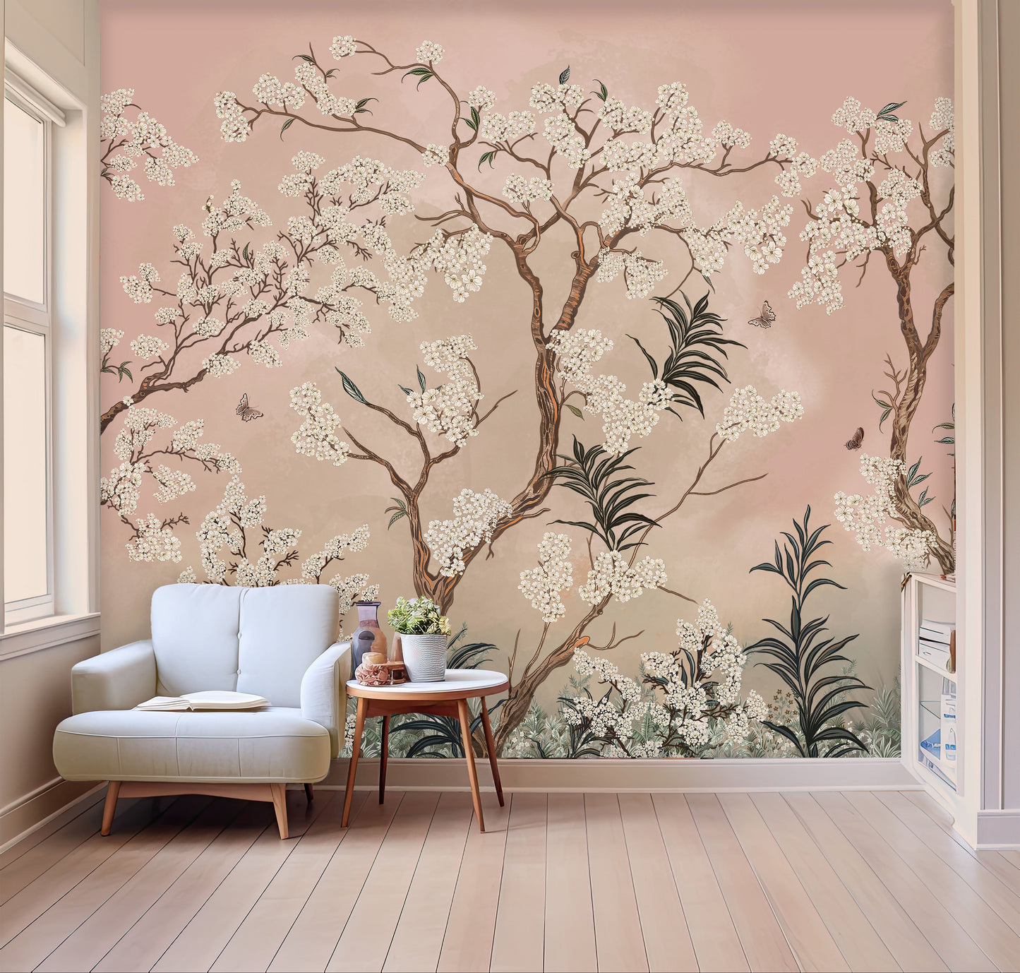 Pink chinoiserie mural in a cosy living room