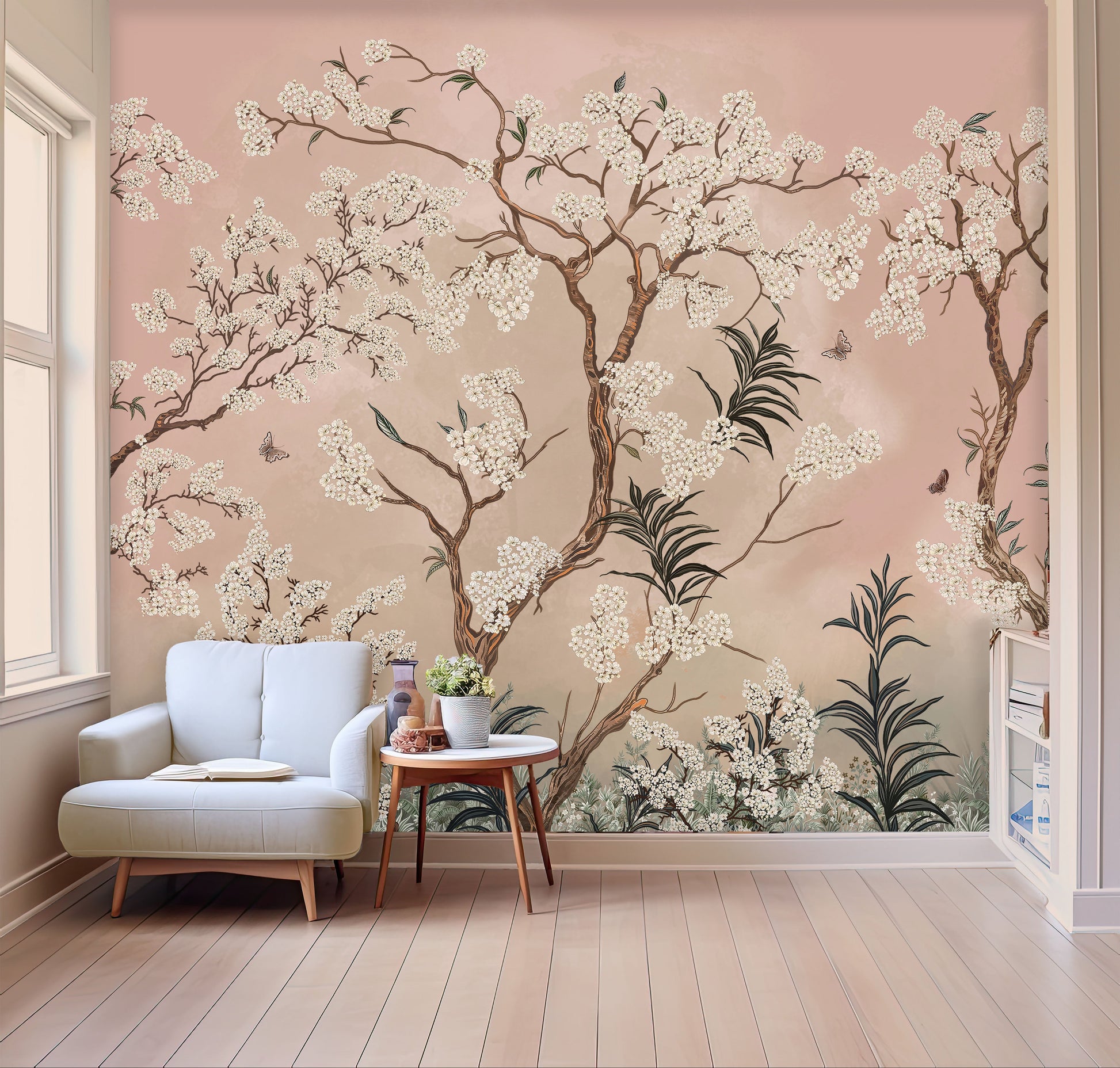 Pink chinoiserie mural in a cosy living room