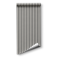 A bright bedroom setup features a classic beige and brown striped wallpaper.
The detailed design shows crisp vertical lines repeating evenly across a textured light base.
In front, a large bed with a tall cream headboard is neatly made with light pillows.
The warm, inviting space is beautifully completed with a matching wooden bedside table and lamp.