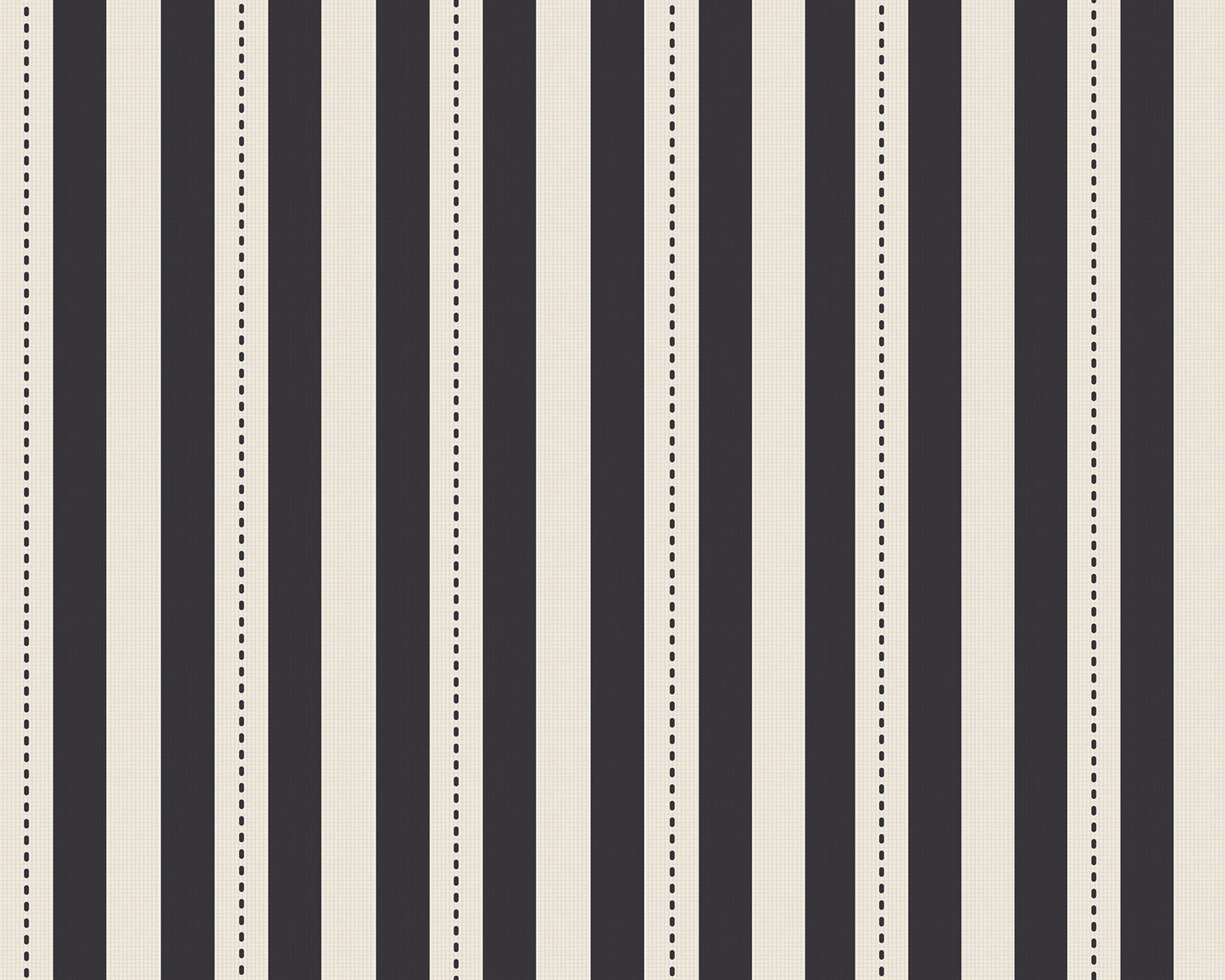 A bright bedroom setup features a classic beige and brown striped wallpaper.
The detailed design shows crisp vertical lines repeating evenly across a textured light base.
In front, a large bed with a tall cream headboard is neatly made with light pillows.
The warm, inviting space is beautifully completed with a matching wooden bedside table and lamp.