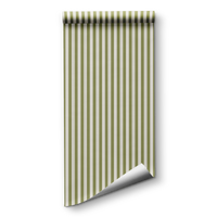 A bright dining area features a soft moss green and white striped wallpaper.
The clean design shows vertical green lines repeating across a textured white base.
In front, a warm wooden table is set with minimalist black chairs.
The sophisticated setup is completed by a contemporary black pendant light hanging above.