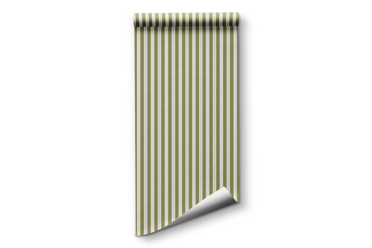 A bright dining area features a soft moss green and white striped wallpaper.
The clean design shows vertical green lines repeating across a textured white base.
In front, a warm wooden table is set with minimalist black chairs.
The sophisticated setup is completed by a contemporary black pendant light hanging above.