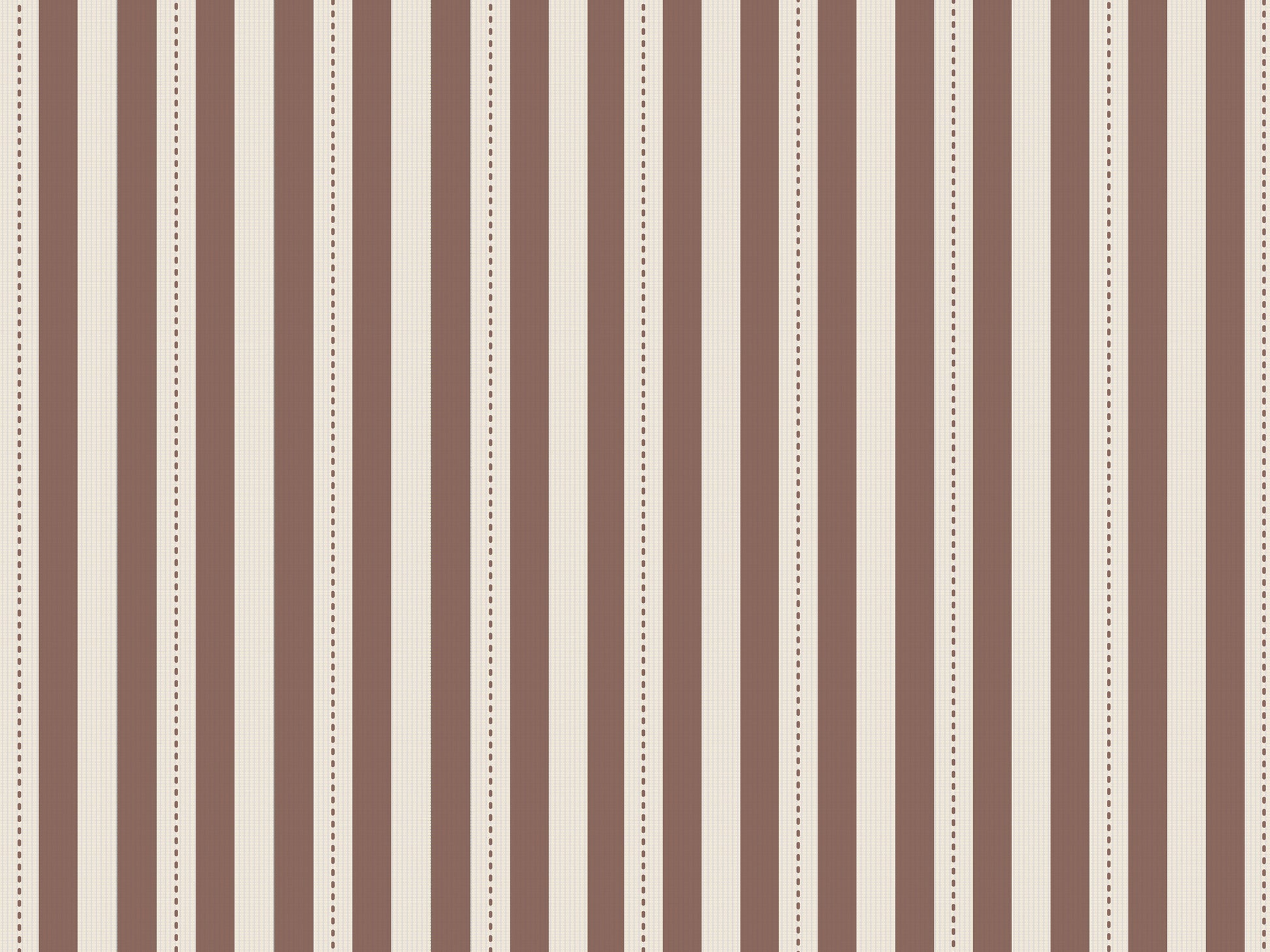 A warm, stylized workspace features a bold black and beige striped wallpaper.
The detailed design shows alternating vertical black bands and warm beige stripes.
In front, a light wood sawhorse desk table holds an assortment of books and office supplies.
The creative interior setup is completed with a black industrial pendant light and a stool.