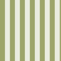 A cozy reading corner features a striped wallpaper pattern.
The wallpaper colors are an olive green and crisp white.
The design has clean, evenly spaced vertical stripes across the wall.
A modern taupe armchair sits in the center with a matching ottoman.
A tall black floor lamp stands next to a large potted plant.
The look is finished with light wood flooring and a white baseboard.