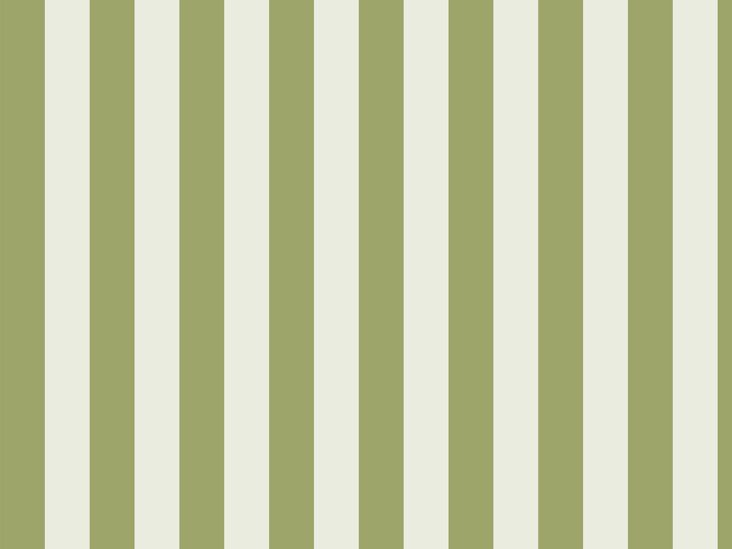 A cozy reading corner features a striped wallpaper pattern.
The wallpaper colors are an olive green and crisp white.
The design has clean, evenly spaced vertical stripes across the wall.
A modern taupe armchair sits in the center with a matching ottoman.
A tall black floor lamp stands next to a large potted plant.
The look is finished with light wood flooring and a white baseboard.