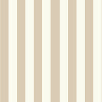 A compact workspace nook features a vertical striped wallpaper pattern.
The wallpaper colors are a muted almond beige and soft cream white.
The design has clean, evenly spaced vertical stripes filling the recessed wall.
A long, built-in light wood desk cabinet sits below the wallpaper.
The desk surface holds a small potted green plant and an open laptop.
A simple white wooden chair with a grey cushion is placed nearby.