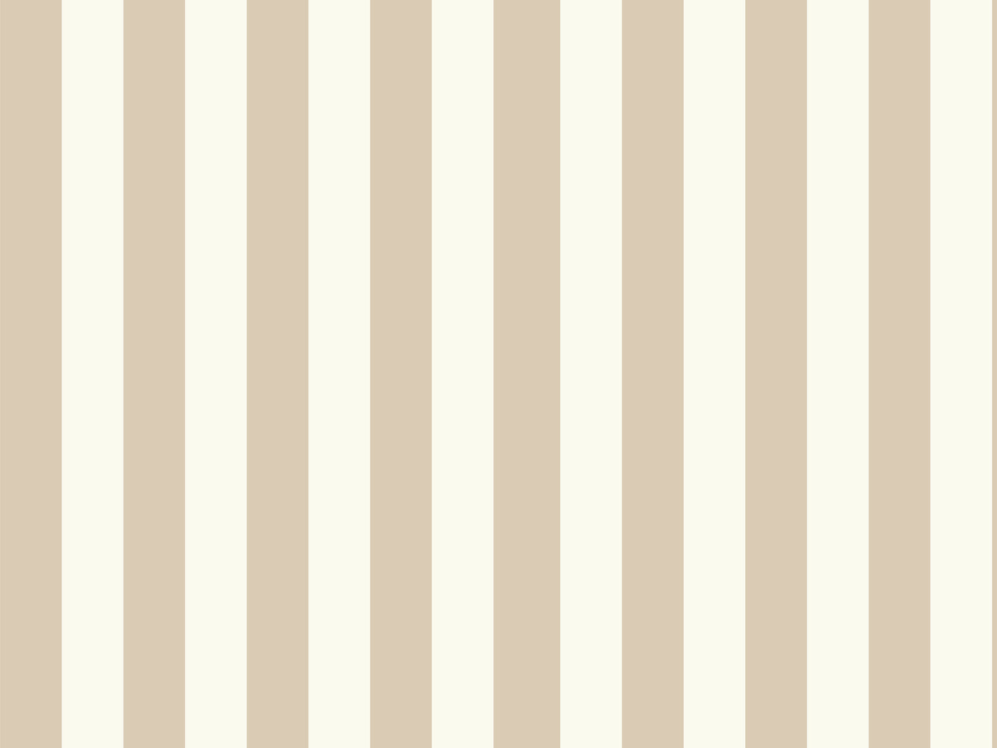 A compact workspace nook features a vertical striped wallpaper pattern.
The wallpaper colors are a muted almond beige and soft cream white.
The design has clean, evenly spaced vertical stripes filling the recessed wall.
A long, built-in light wood desk cabinet sits below the wallpaper.
The desk surface holds a small potted green plant and an open laptop.
A simple white wooden chair with a grey cushion is placed nearby.
