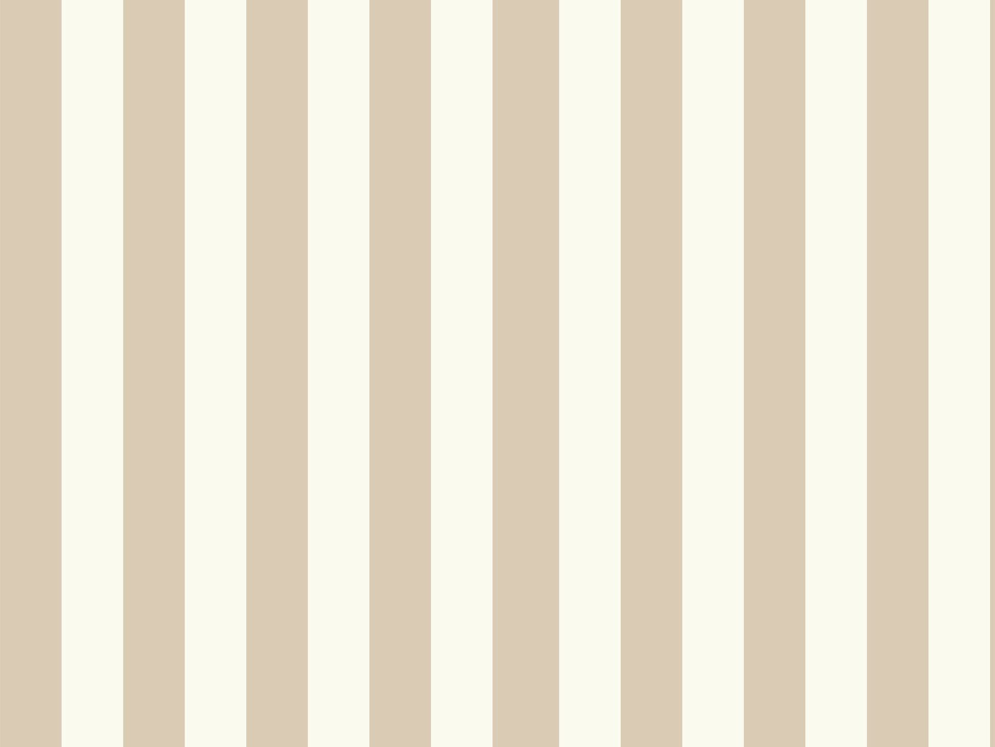 A compact workspace nook features a vertical striped wallpaper pattern.
The wallpaper colors are a muted almond beige and soft cream white.
The design has clean, evenly spaced vertical stripes filling the recessed wall.
A long, built-in light wood desk cabinet sits below the wallpaper.
The desk surface holds a small potted green plant and an open laptop.
A simple white wooden chair with a grey cushion is placed nearby.