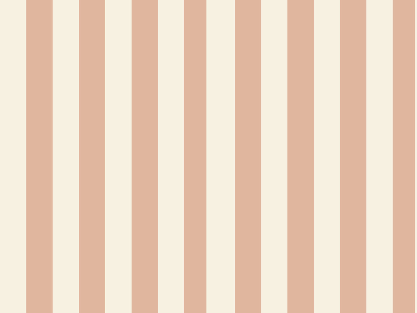 A sunlit living room features a warm honey-taupe and cream striped wallpaper.
The design showcases clean, evenly spaced vertical stripes across the central wall.
In front, a brown leather sofa and matching armchair frame a small coffee table.
The rustic space is complete with a textured area rug and a light wood beamed ceiling.
