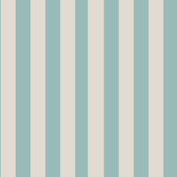 A sunlit living room features a soft sage blue and warm cream striped wallpaper.
The design showcases clean, evenly spaced vertical stripes filling the central accent wall.
In front, a rounded white armchair and a light grey sectional sofa face each other.
The bright, modern space is complete with natural wood flooring and sheer white curtains.