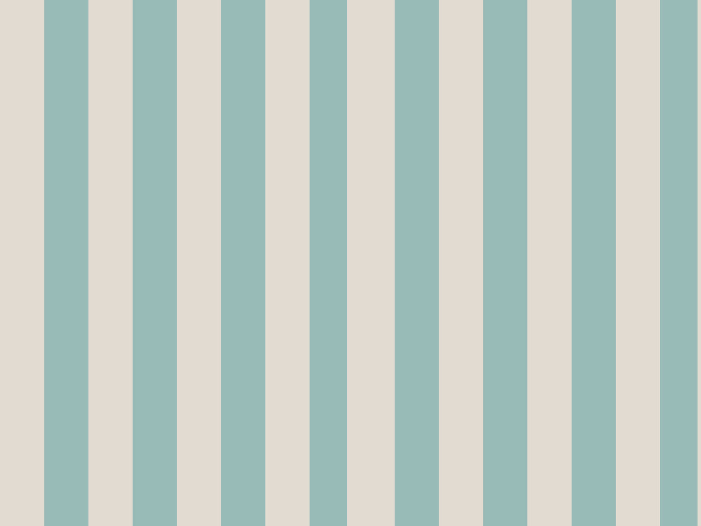 A sunlit living room features a soft sage blue and warm cream striped wallpaper.
The design showcases clean, evenly spaced vertical stripes filling the central accent wall.
In front, a rounded white armchair and a light grey sectional sofa face each other.
The bright, modern space is complete with natural wood flooring and sheer white curtains.