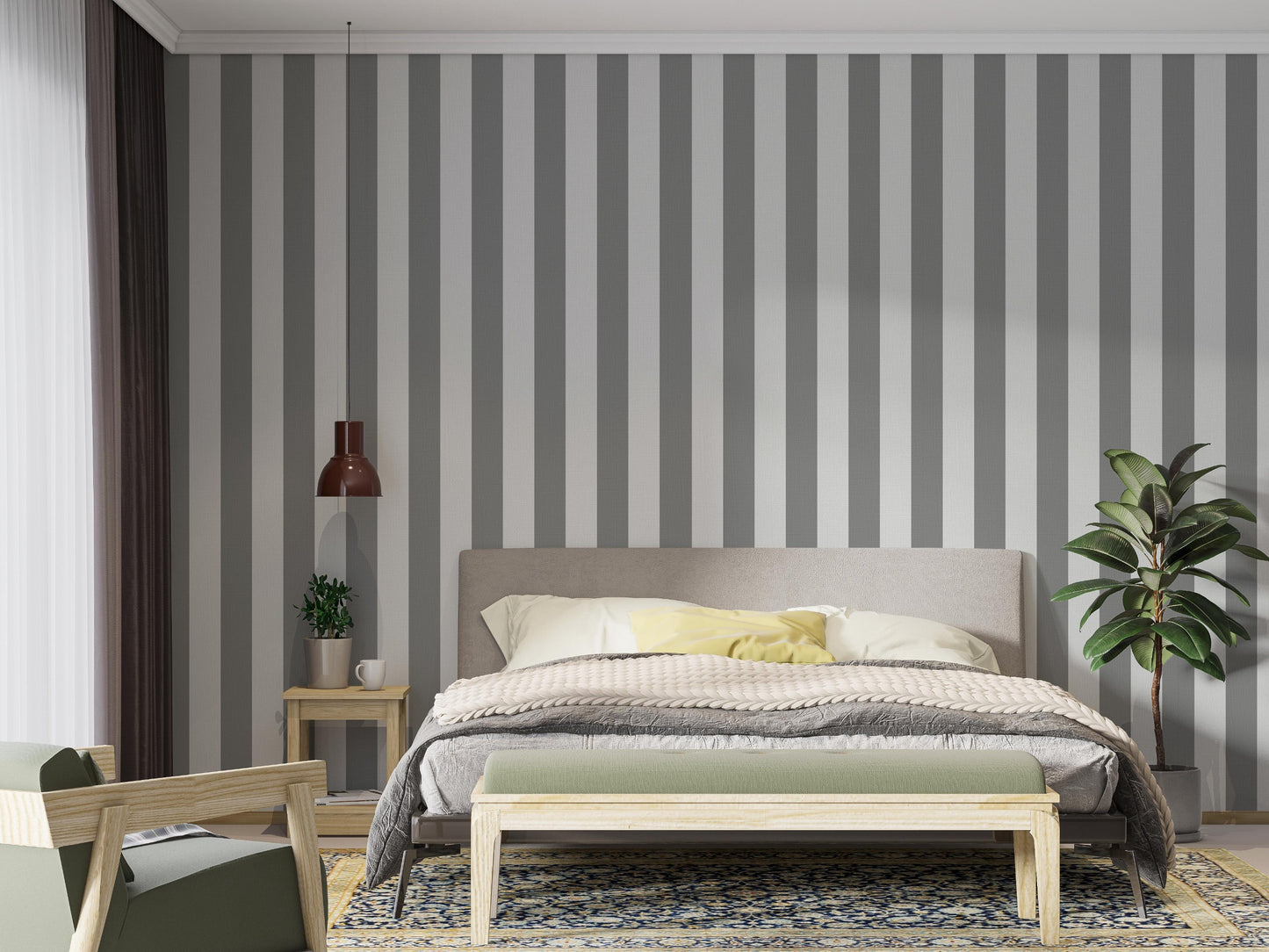 A modern bedroom features a simple grey and white striped wallpaper.
The design showcases clean, evenly spaced vertical stripes filling the main wall.
In front, a fully dressed bed with a fabric headboard centers the cozy setup.
The styled space is finished with a wooden bench, a side table, and a green plant.