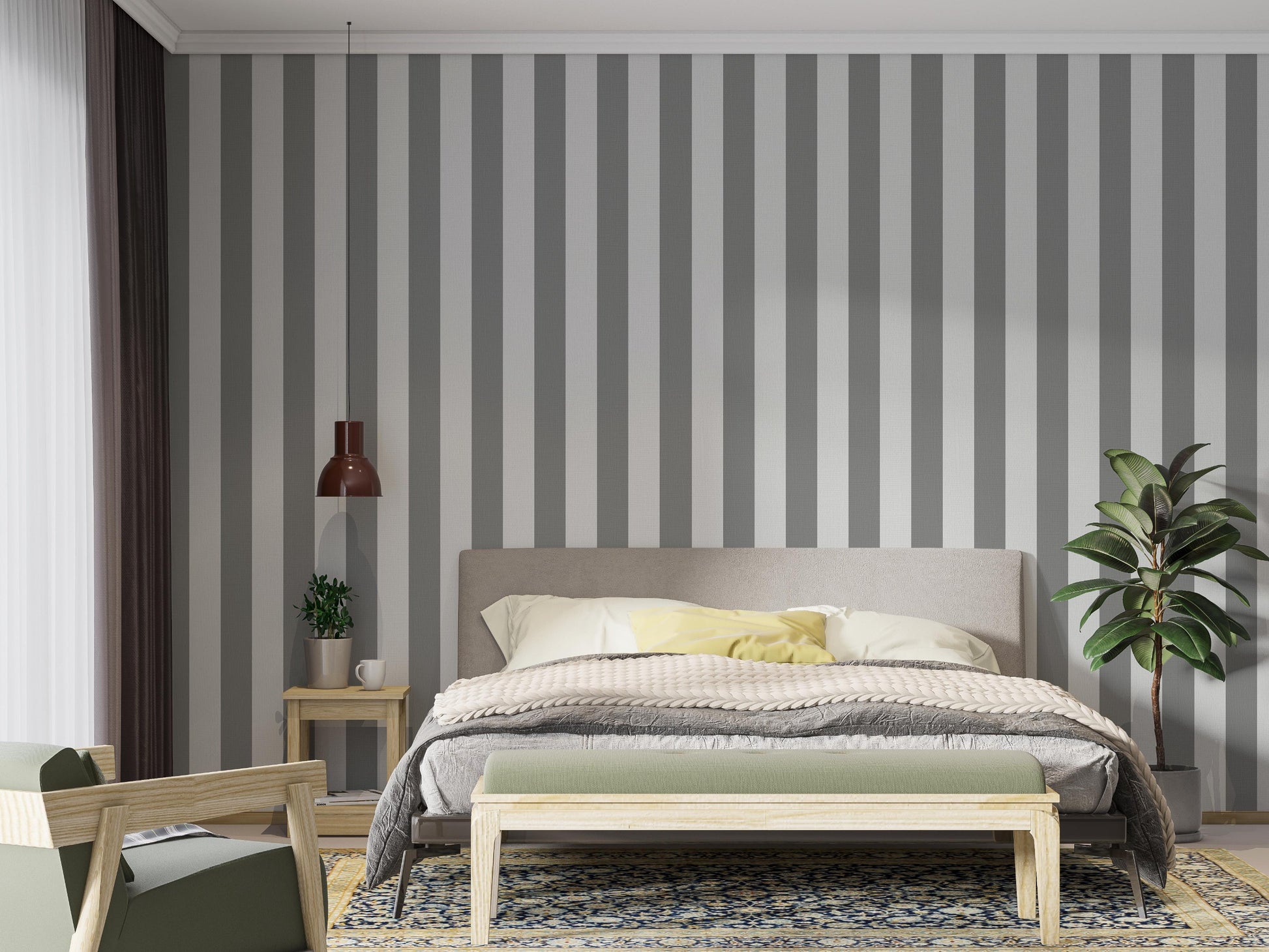 A modern bedroom features a simple grey and white striped wallpaper.
The design showcases clean, evenly spaced vertical stripes filling the main wall.
In front, a fully dressed bed with a fabric headboard centers the cozy setup.
The styled space is finished with a wooden bench, a side table, and a green plant.