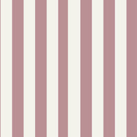 A stylish living room features a soft rosewood pink and white striped wallpaper.
The design showcases clean, evenly spaced vertical stripes across the expansive back wall.
In front, a plush cream-colored sofa and matching armchair frame sleek round coffee tables.
The modern, elegant space is complete with a geometric area rug and potted green plants.