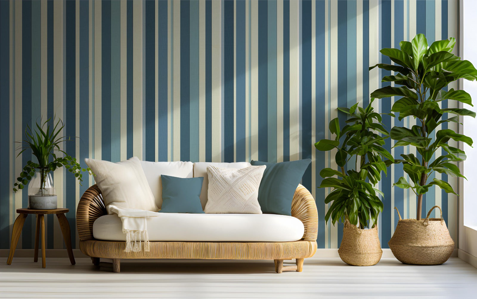 A coastal themed living area features a bold stormy tides blue and cream striped wallpaper.
The detailed design shows alternating thick and thin vertical stripes in varying shades of blue and tan.
In front, a woven rattan sofa with white cushions and blue accent pillows is centered nicely.
The refreshing, tropical setup is flanked by lush green potted plants in woven baskets on both sides.