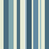 A coastal themed living area features a bold stormy tides blue and cream striped wallpaper.
The detailed design shows alternating thick and thin vertical stripes in varying shades of blue and tan.
In front, a woven rattan sofa with white cushions and blue accent pillows is centered nicely.
The refreshing, tropical setup is flanked by lush green potted plants in woven baskets on both sides.