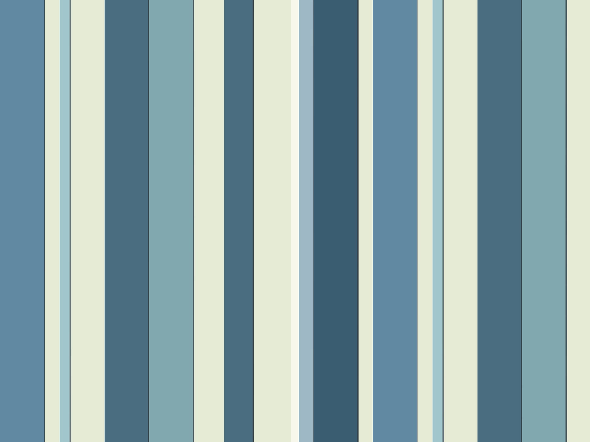 A coastal themed living area features a bold stormy tides blue and cream striped wallpaper.
The detailed design shows alternating thick and thin vertical stripes in varying shades of blue and tan.
In front, a woven rattan sofa with white cushions and blue accent pillows is centered nicely.
The refreshing, tropical setup is flanked by lush green potted plants in woven baskets on both sides.