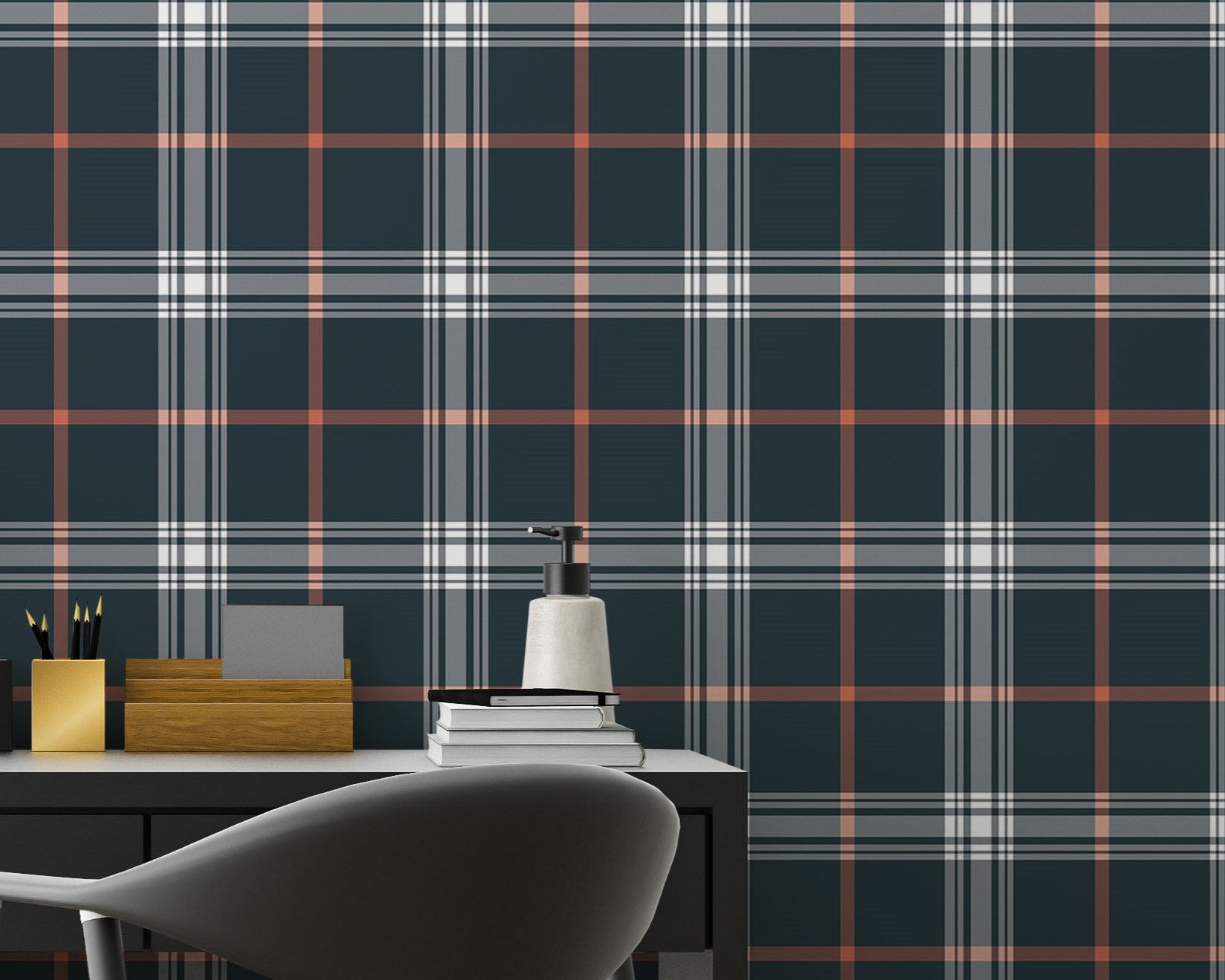 A sleek home office features a dark midnight blue and white plaid wallpaper.
The detailed design shows intersecting white and orange lines forming grids over a dark base.
In front, a simple black desk setup holds a modern table lamp and stationery.
The organized workspace is cleanly finished with a matching black office chair.