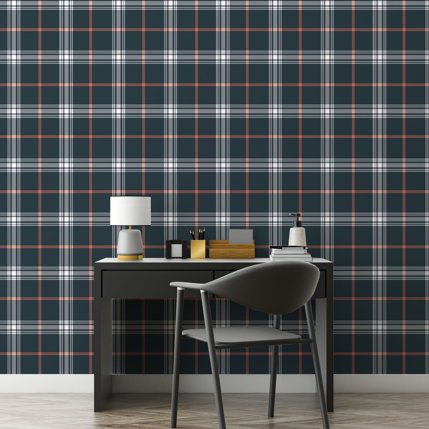 A sleek home office features a dark midnight blue and white plaid wallpaper.
The detailed design shows intersecting white and orange lines forming grids over a dark base.
In front, a simple black desk setup holds a modern table lamp and stationery.
The organized workspace is cleanly finished with a matching black office chair.