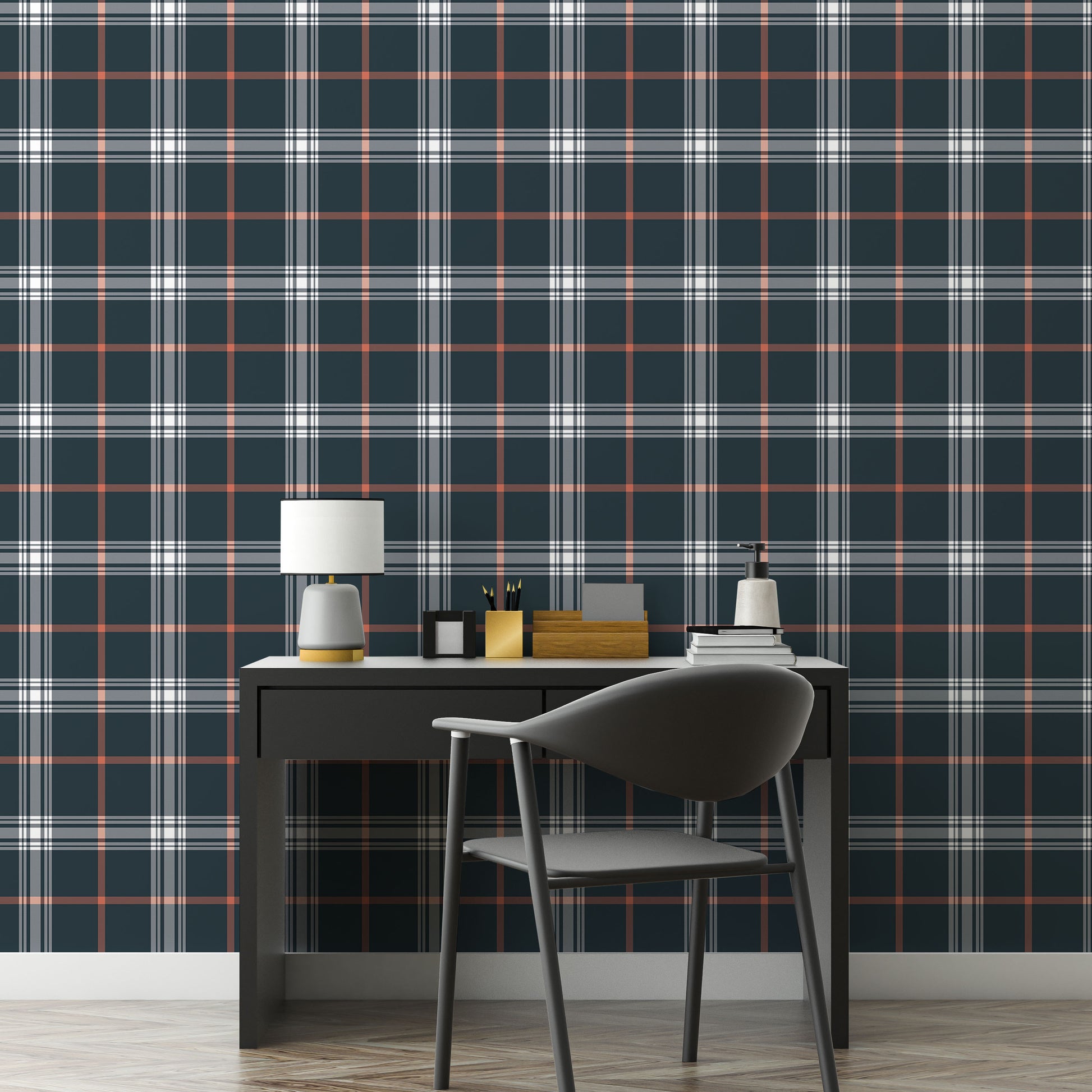 A sleek home office features a dark midnight blue and white plaid wallpaper.
The detailed design shows intersecting white and orange lines forming grids over a dark base.
In front, a simple black desk setup holds a modern table lamp and stationery.
The organized workspace is cleanly finished with a matching black office chair.