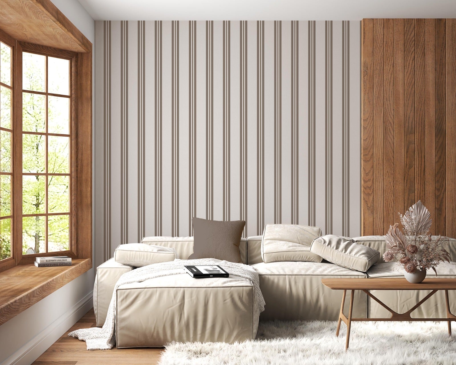 A bright, modern entryway features a soft sage green and white striped wallpaper.
The clean design shows vertical green stripes repeating across a lightly textured white base.
In front, a sleek black console table stands under a round mirror on the wall.
The organized space is neatly completed with a matching black stool and a simple glass vase.