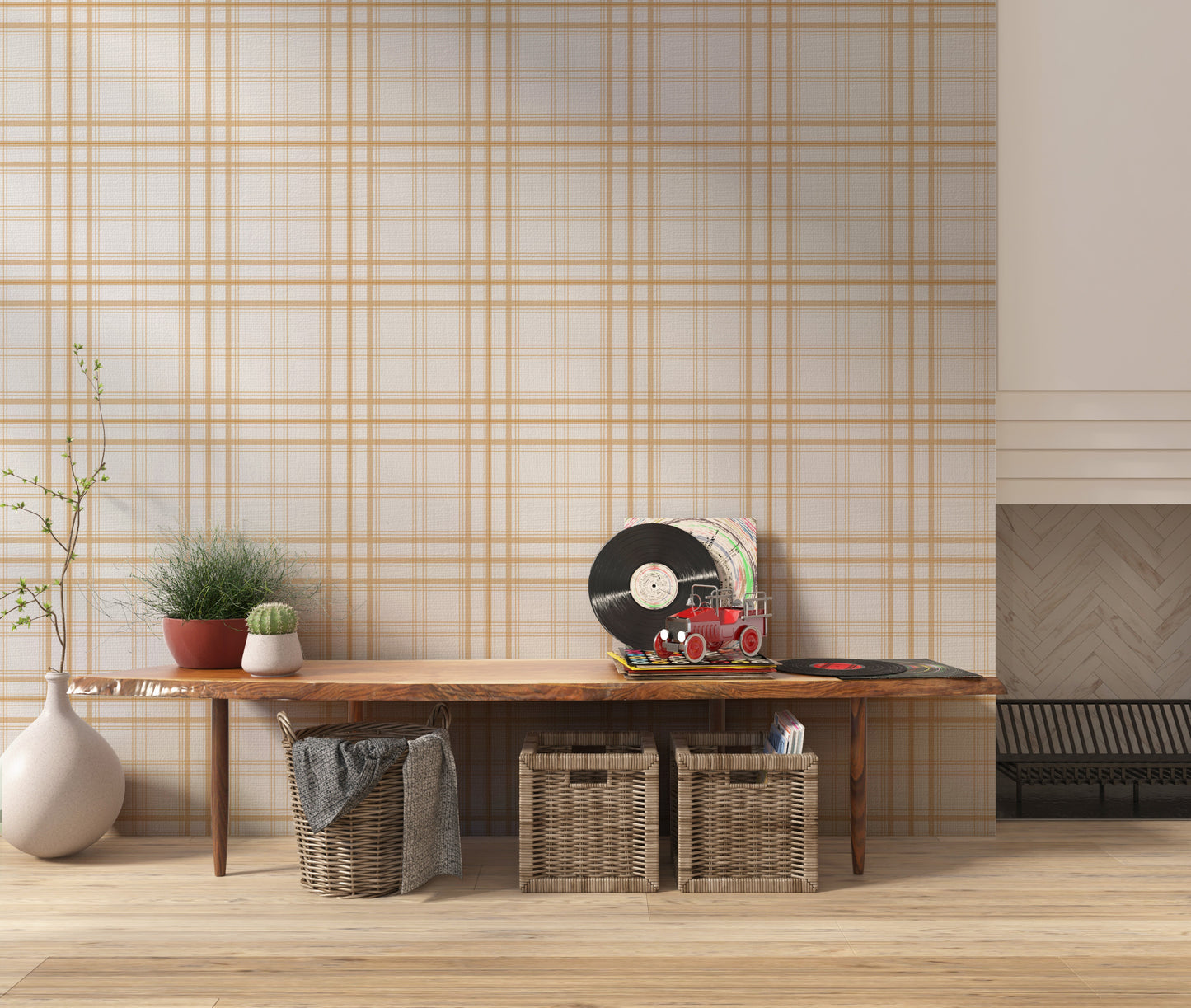 A stylish living area features a warm golden yellow and white plaid wallpaper.
The detailed design shows thin white lines intersecting to form clean grids across a yellow base.
In front, a cream-colored wooden sideboard with woven rattan doors is centered nicely.
The bright setup is accented with a white desk lamp, pottery, and a leafy green plant.