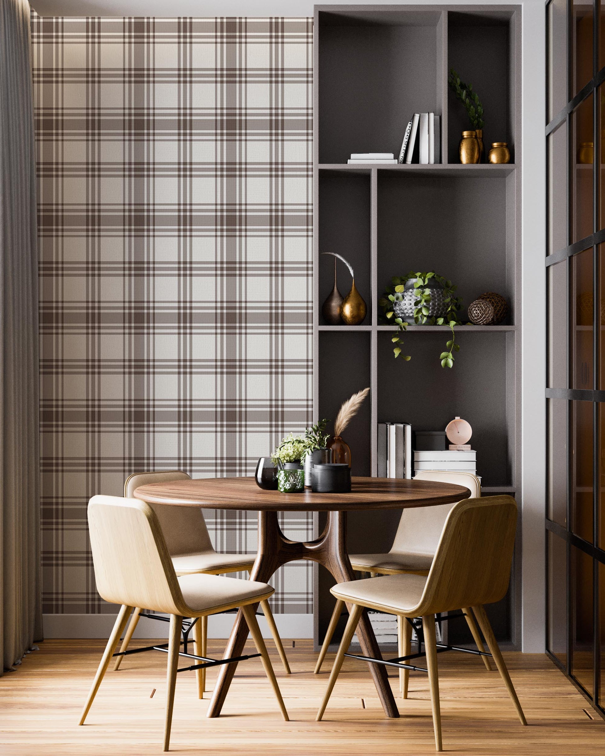 A cozy dining area features a classic warm brown and cream plaid wallpaper.
The detailed design shows intersecting brown stripes forming grids on a light base.
In front, a round wooden dining table is surrounded by four matching chairs.
A tall, dark grey open bookshelf stands on the right side to complete the space.