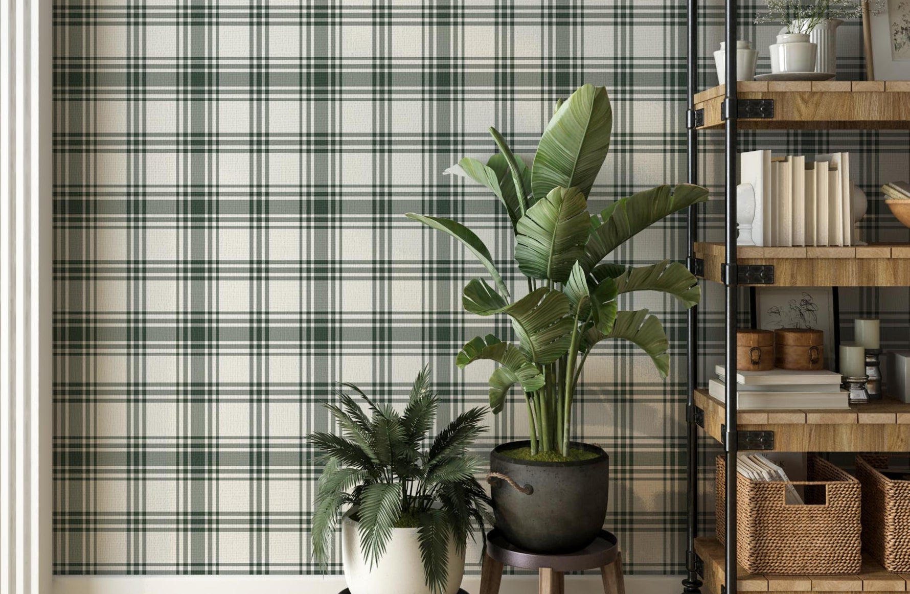 A modern room features a crisp white and forest green plaid wallpaper.
The detailed pattern shows intersecting dark green lines crossing over a light base.
In front, two vibrant green potted plants sit nicely on small stands.
A tall, industrial-style wooden shelving unit completes the organized corner setup.