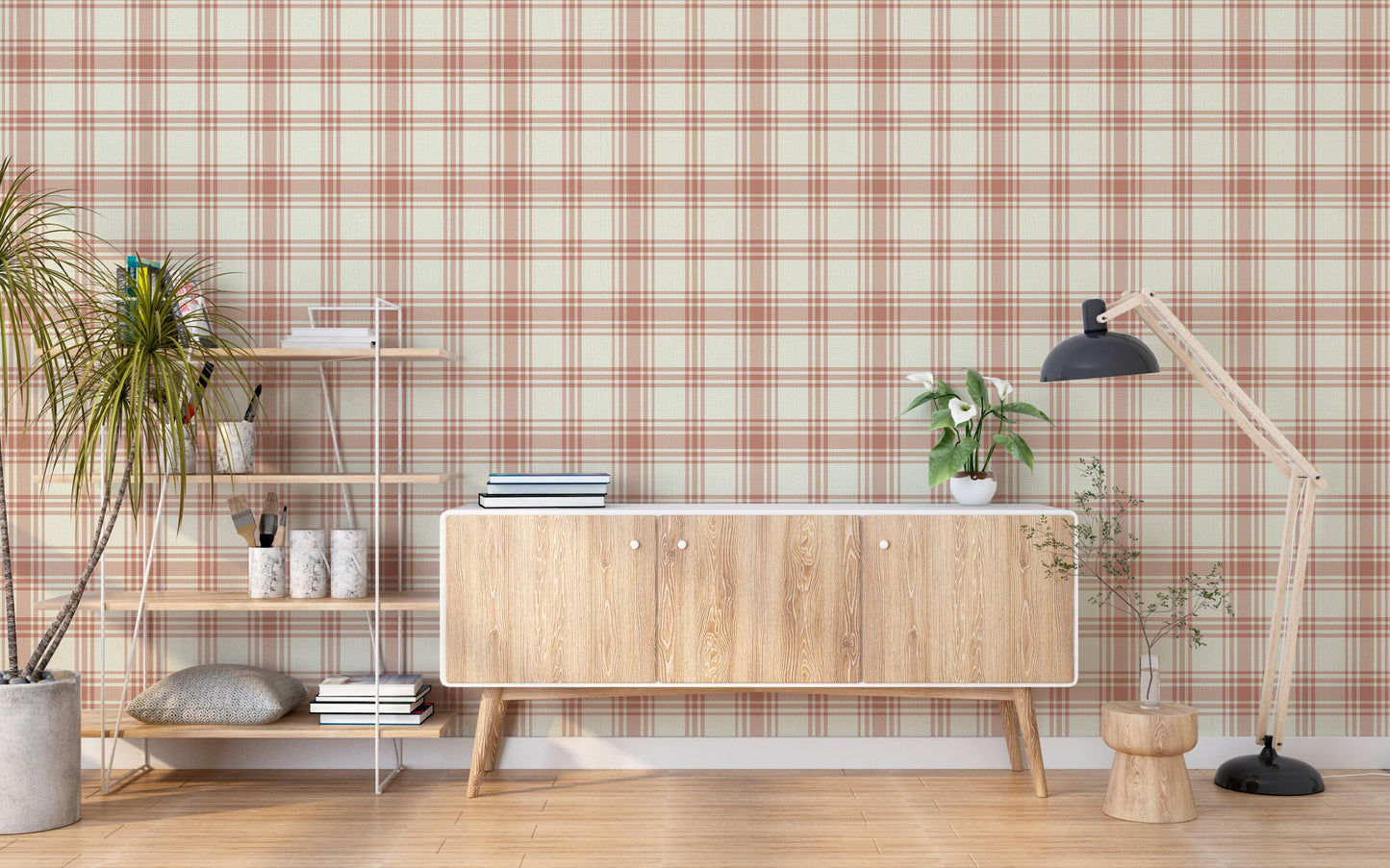 Peach plaid wallpaper featuring a soft checkered pattern in warm peach and beige tones, styled in a modern Scandinavian-inspired room with wooden furniture, indoor plants, and minimal decor, creating a cozy and elegant interior backdrop.