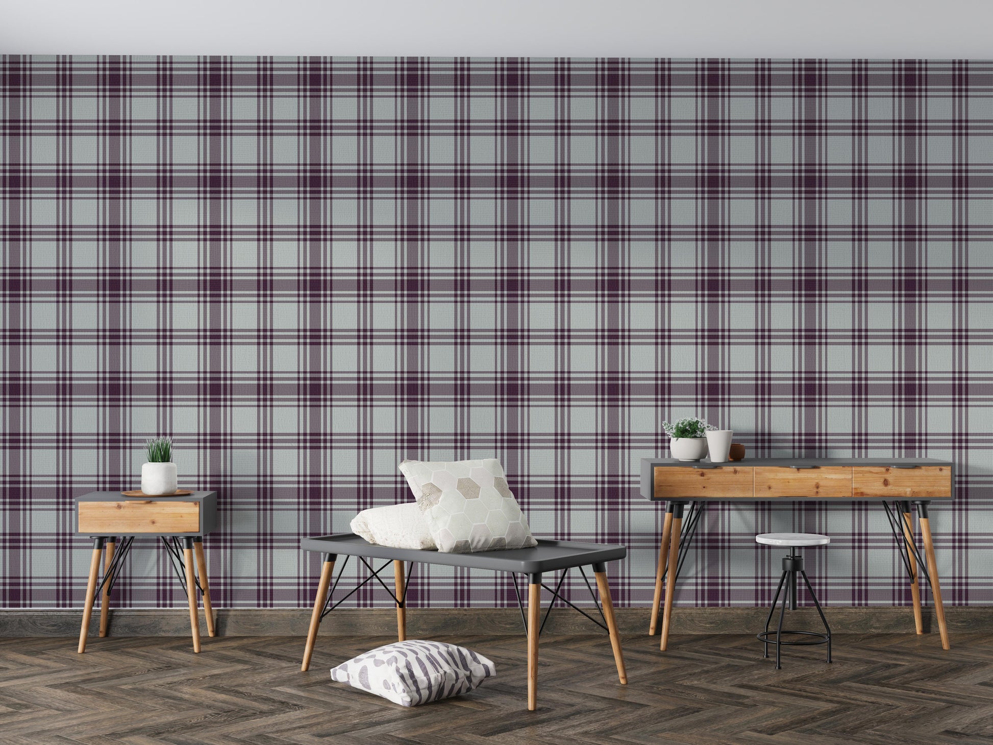 A cozy bedroom features a rich mulberry purple and beige plaid wallpaper.
The detailed pattern shows intersecting dark purple lines forming a clean grid on a light base.
In front, a neatly made bed with a dark purple comforter centers the stylish room.
A simple black wire-frame side table holding a single flower completes the minimalist setup.