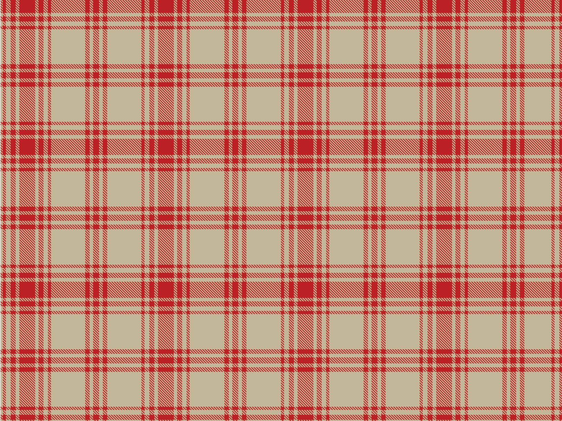 A close-up view showcases a classic crimson red and warm beige plaid wallpaper.
The detailed pattern features intersecting vibrant lines forming grids across a sandy base.
The texture has a clean fabric-like look that emphasizes the straight lines and squares.
This simple, striking design brings a cozy and traditional feel to any wall or room.