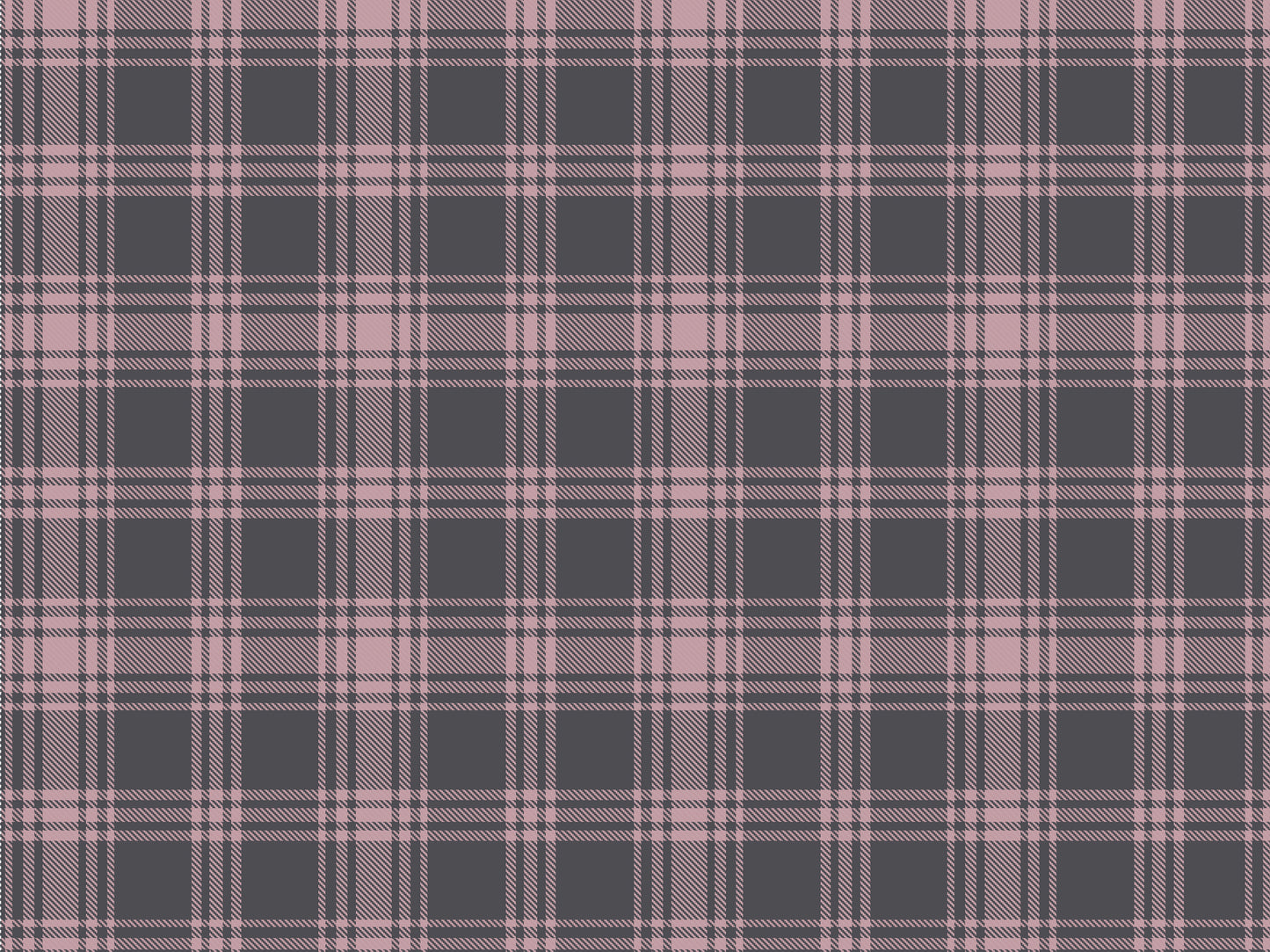 A close-up view showcases a classic charcoal grey and moonlit rose pink plaid wallpaper.
The detailed pattern features intersecting pink lines forming grids across a dark grey base.
The texture has a clean fabric-like look that emphasizes the straight lines and squares.
This simple, elegant design brings a cozy and sophisticated feel to any wall or room.