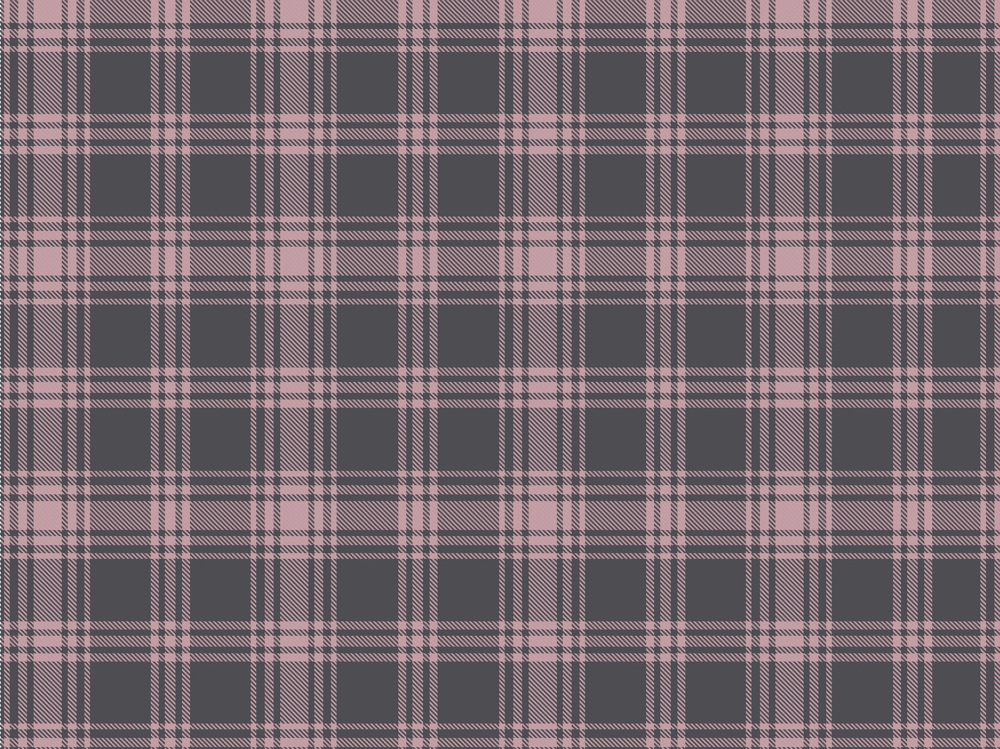 A close-up view showcases a classic charcoal grey and moonlit rose pink plaid wallpaper.
The detailed pattern features intersecting pink lines forming grids across a dark grey base.
The texture has a clean fabric-like look that emphasizes the straight lines and squares.
This simple, elegant design brings a cozy and sophisticated feel to any wall or room.