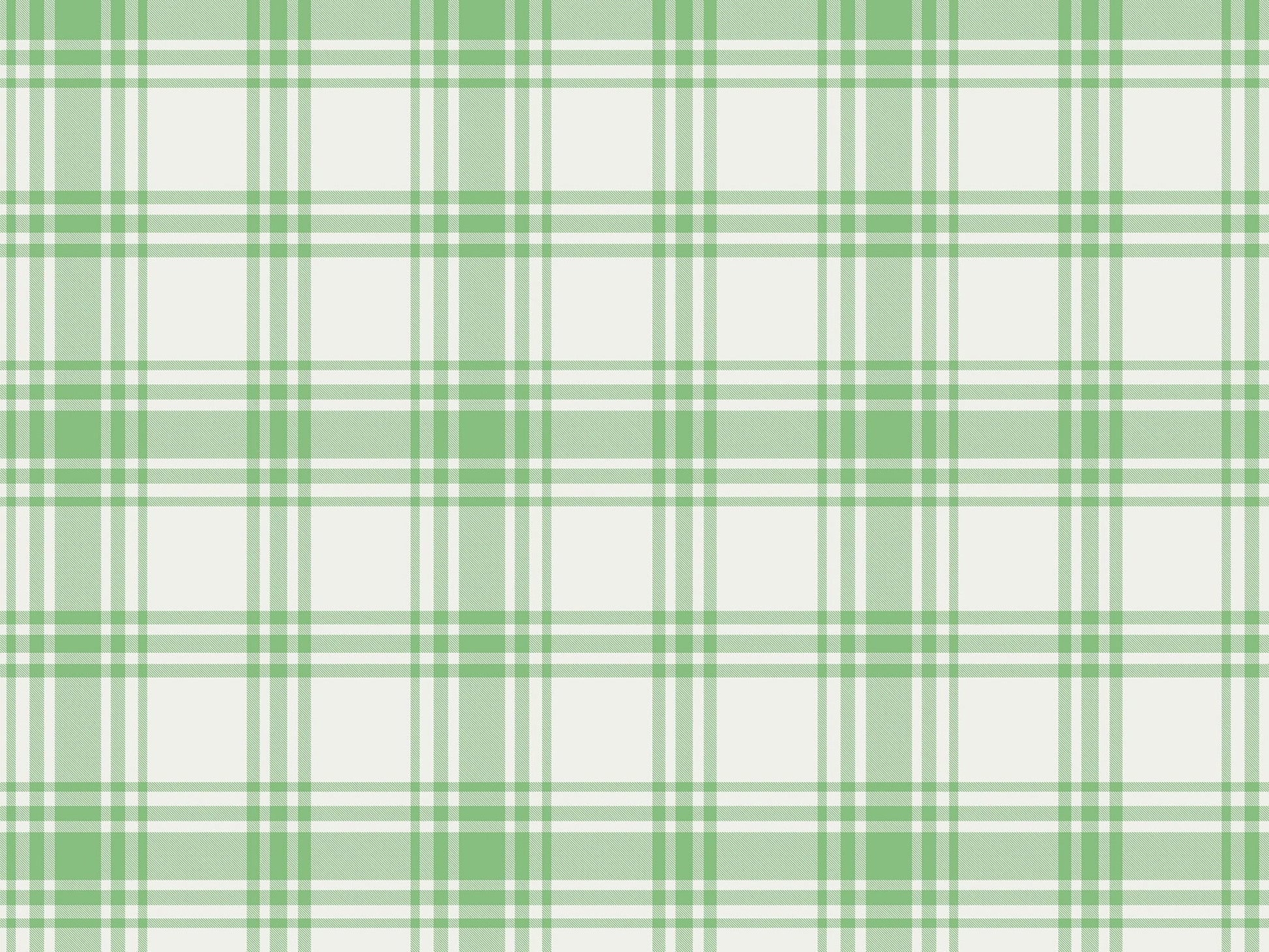 A close-up view showcases a classic lush herb green and cream plaid wallpaper.
The detailed pattern features intersecting dark green lines forming grids across a soft base.
The texture has a clean fabric-like look that emphasizes the straight lines and squares.
This simple, nature-inspired design brings a cozy and refreshing feel to any wall or room.