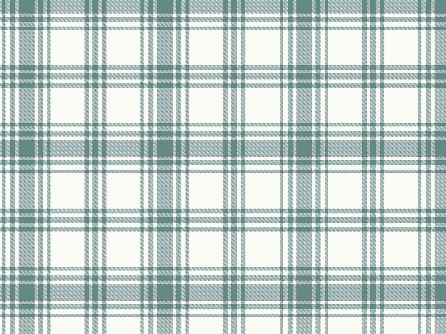 A close-up view showcases a classic slate green and cream plaid wallpaper.
The detailed pattern features intersecting dark green lines forming grids across a soft base.
The texture has a clean fabric-like look that emphasizes the straight lines and squares.
This simple, earthy design brings a cozy and calming feel to any wall or room.