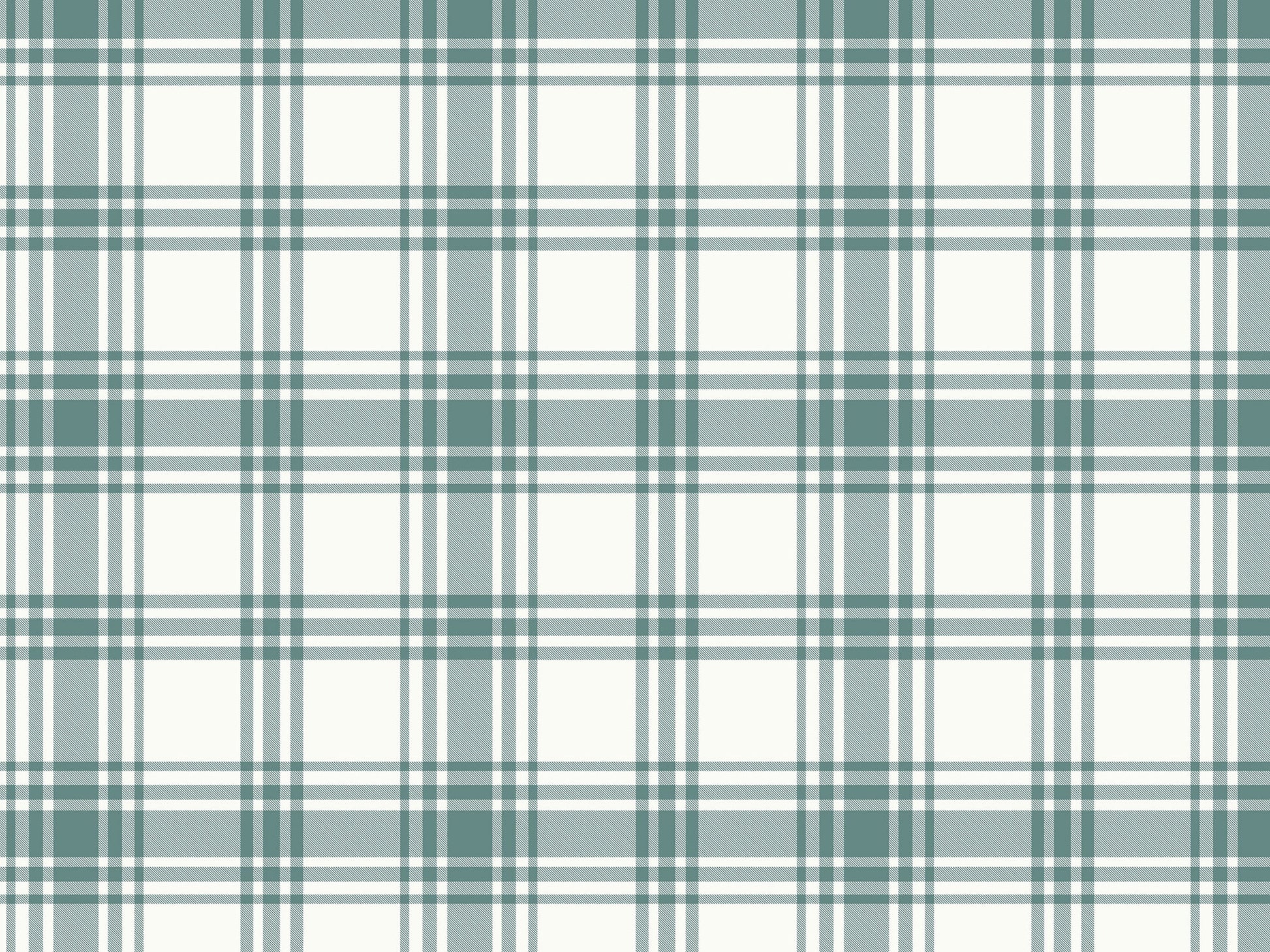 A close-up view showcases a classic slate green and cream plaid wallpaper.
The detailed pattern features intersecting dark green lines forming grids across a soft base.
The texture has a clean fabric-like look that emphasizes the straight lines and squares.
This simple, earthy design brings a cozy and calming feel to any wall or room.