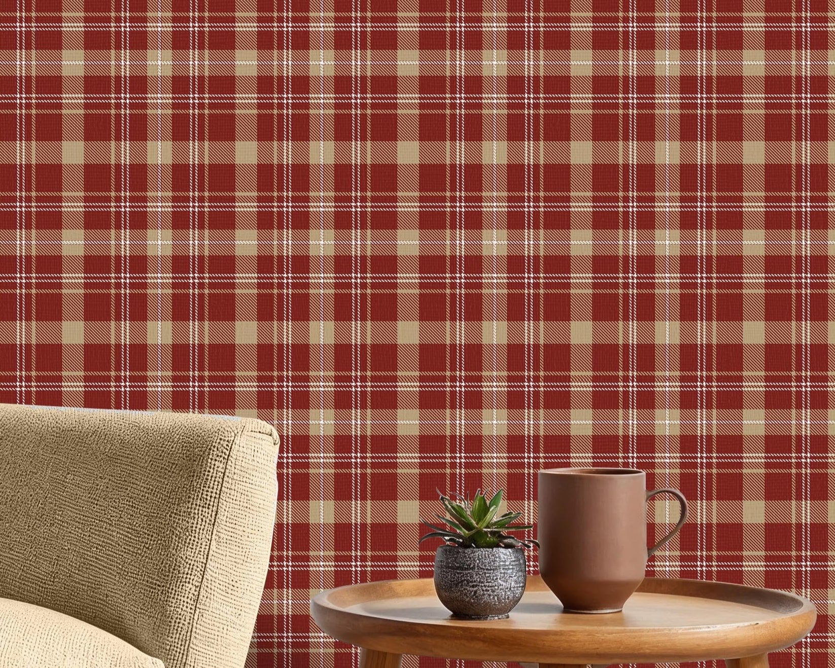 A close-up view displays wallpaper with a warm red background.
The design features a classic, tight plaid and tartan pattern.
It includes a mix of thick beige stripes that form large blocks.
Fine white lines crisscross over the grid, adding detailed accents.
The colors combine deep red, soft tan beige, and crisp white lines.
The overall pattern has a textured fabric appearance in a traditional style.