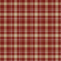 A close-up view displays wallpaper with a warm red background.
The design features a classic, tight plaid and tartan pattern.
It includes a mix of thick beige stripes that form large blocks.
Fine white lines crisscross over the grid, adding detailed accents.
The colors combine deep red, soft tan beige, and crisp white lines.
The overall pattern has a textured fabric appearance in a traditional style.