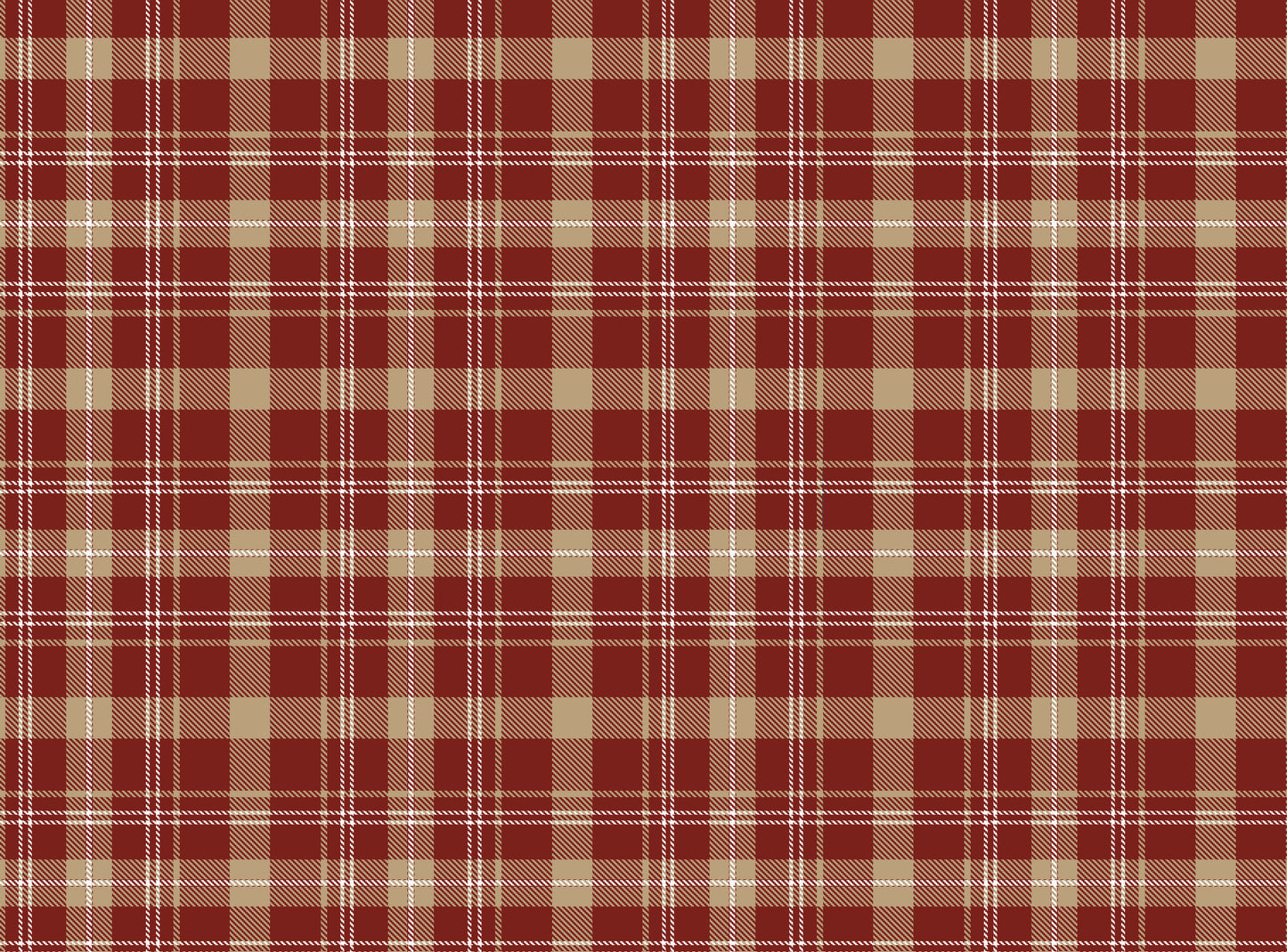 A close-up view displays wallpaper with a warm red background.
The design features a classic, tight plaid and tartan pattern.
It includes a mix of thick beige stripes that form large blocks.
Fine white lines crisscross over the grid, adding detailed accents.
The colors combine deep red, soft tan beige, and crisp white lines.
The overall pattern has a textured fabric appearance in a traditional style.