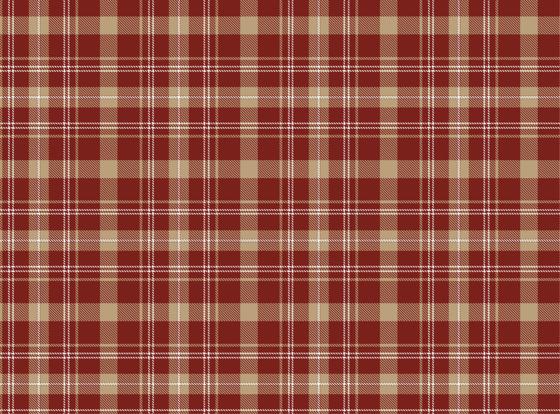 A close-up view displays wallpaper with a warm red background.
The design features a classic, tight plaid and tartan pattern.
It includes a mix of thick beige stripes that form large blocks.
Fine white lines crisscross over the grid, adding detailed accents.
The colors combine deep red, soft tan beige, and crisp white lines.
The overall pattern has a textured fabric appearance in a traditional style.