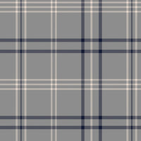 A minimalist home office workspace is set against a wall covered in grey, navy blue, and white plaid wallpaper.
In the center, a sleek black desk features a slim drawer built into its frame. Atop the desk sits a small table lamp with a grey base and a white cylindrical shade, a small square black photo frame, a gold pencil holder filled with pens, a wooden organizer, a stack of books, and a white soap dispenser bottle.A modern dark grey office chair with a curved backrest is pulled up to the desk, angled.