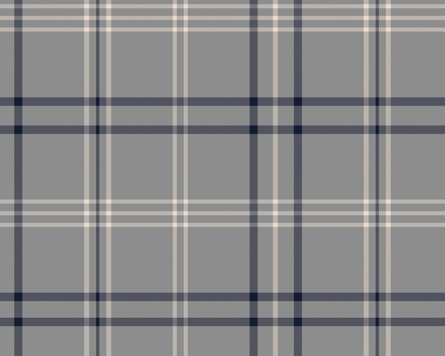 A minimalist home office workspace is set against a wall covered in grey, navy blue, and white plaid wallpaper.
In the center, a sleek black desk features a slim drawer built into its frame. Atop the desk sits a small table lamp with a grey base and a white cylindrical shade, a small square black photo frame, a gold pencil holder filled with pens, a wooden organizer, a stack of books, and a white soap dispenser bottle.A modern dark grey office chair with a curved backrest is pulled up to the desk, angled.