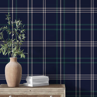 An interior setting highlights a dark navy blue wallpaper with a classic green and white plaid pattern.
In the foreground, a rustic light wood chest or table sits with subtle metal rivets along its top edge.
A large, textured terracotta vase with a rounded body rests on the left side of the wooden surface.
The vase is filled with leafy olive branches extending upwards, adding a vibrant touch of natural green.