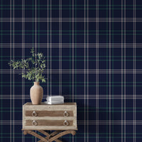 An interior setting highlights a dark navy blue wallpaper with a classic green and white plaid pattern.
In the foreground, a rustic light wood chest or table sits with subtle metal rivets along its top edge.
A large, textured terracotta vase with a rounded body rests on the left side of the wooden surface.
The vase is filled with leafy olive branches extending upwards, adding a vibrant touch of natural green.